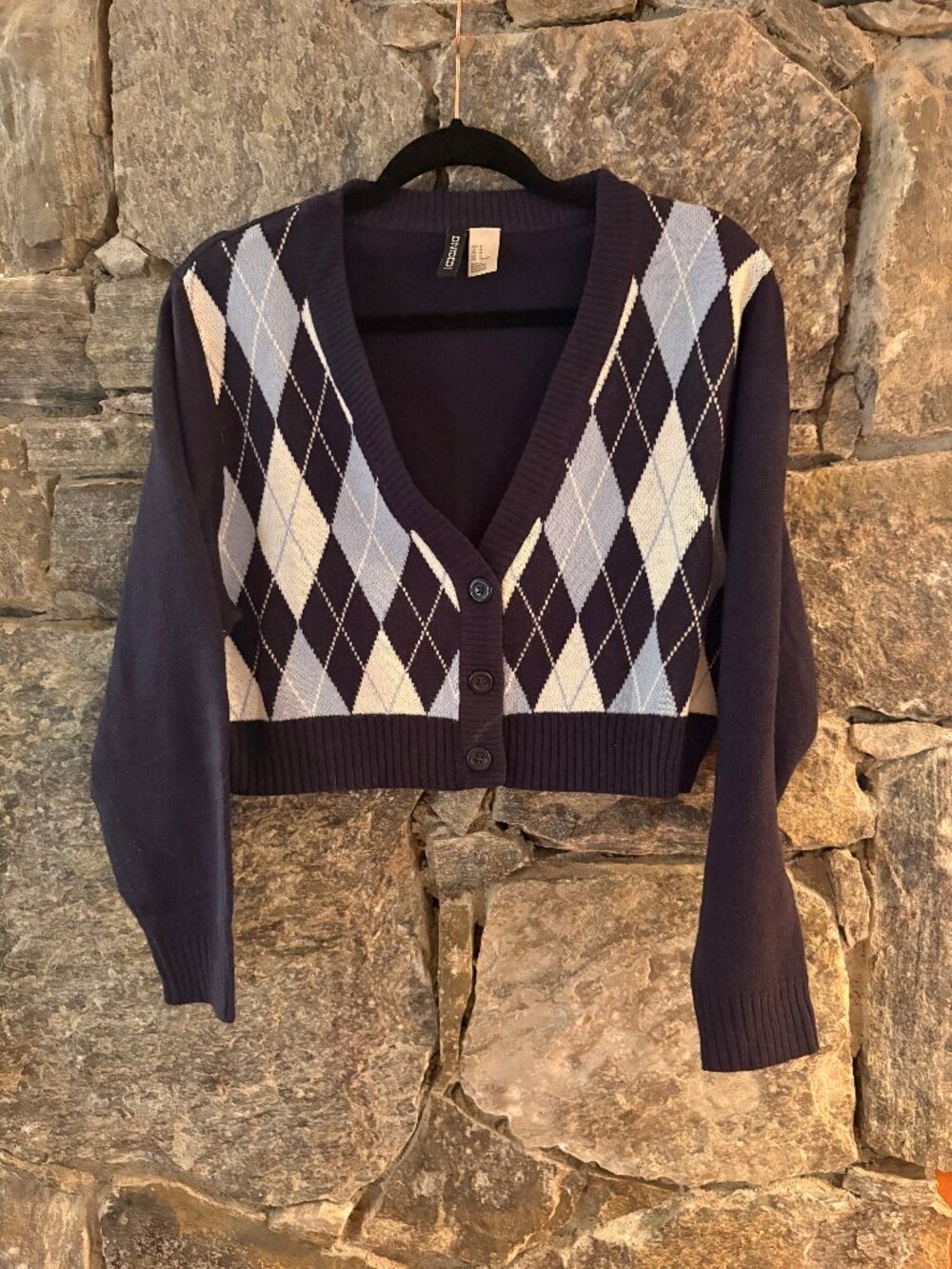 H&M ARGYLE CROPPED V-NECK PREPPY CARDIGAN, NAVY LT BLUE WHITE SIZE MED  LIKE NEW